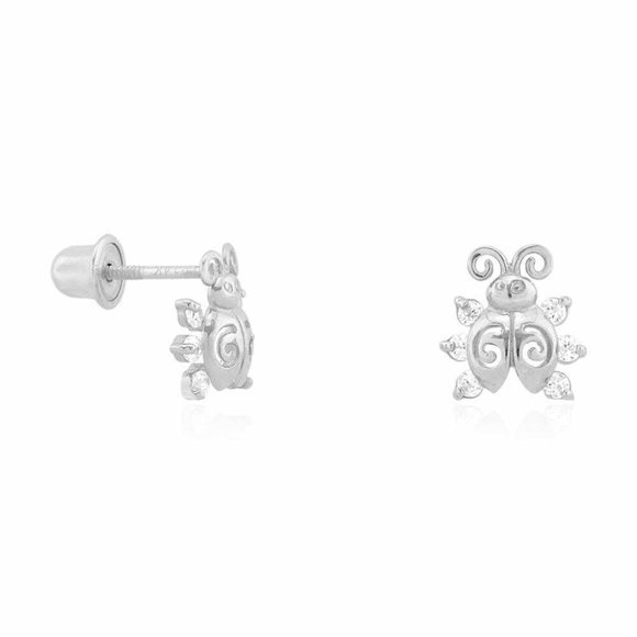 14k Solid Gold Round Cut White Zircon Ladybug Screw Back Stud Kid Earrings - Picture 5 of 7